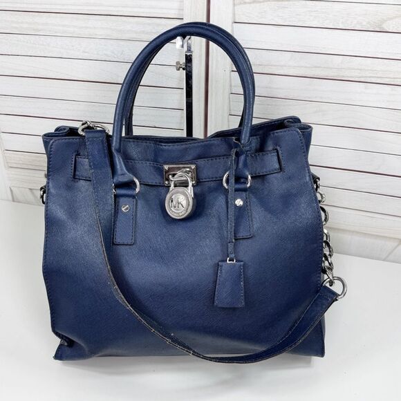 Michael Kors Saffiano Leather Chainlink Hamilton Tote Bag Navy Blue Silver - Picture 13 of 13